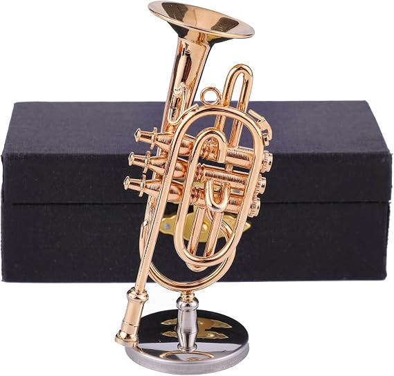 Miniature Cornet Replica with Stand and Case Tabletop Sculpture Decoration