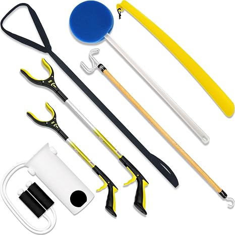 RMS Premium 7-Piece Hip & Knee Kit with Short & Long Reacher Grabbers | 19 & 32 Reachers, Leg Lifter, Sock Aid, Dressing Stick, Bath Sponge & Shoe Horn Long Term Orthopedic Aids