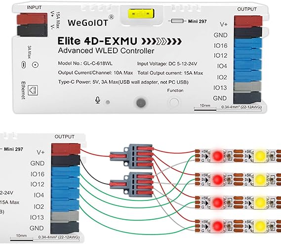 WeGoIOT ESP32 WLED LED Light Strip Controller with Ethernet Music Sound Reactive UART Energy Save Relay 20A Pluggable Fuse 4 Channel DIY Dynamic for WS2811 Digital Addressable RGB IC Strip Light