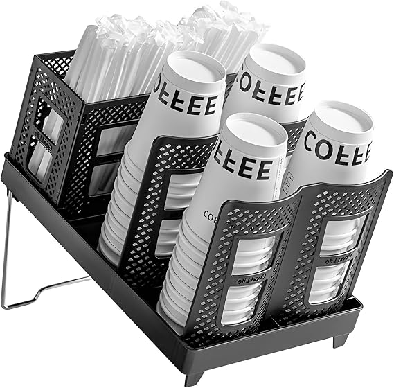 Foldable Organizer Cup holder - Stacking Cup Storage Holde with Straw Storage Box, Adjustable Coffee Cup Holder Organizer, Paper Cup Storage Rack for Weddings, Bars, and Parties (Black)