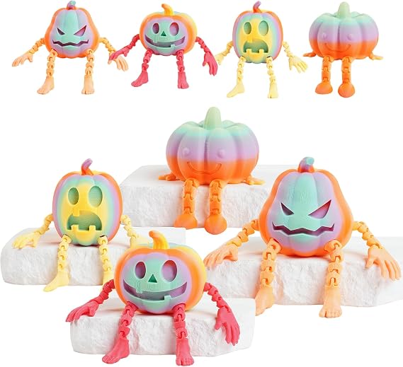 3D Printed Halloween PumpkinArticulated Fidget Toys , 4Pcs HalloweenPumpkin Multi-Color Decoration, Suitable,Party Favors, Desk and Home Decor(4Pcs) (Colourful Set)