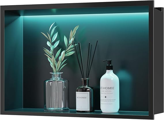 Wall Niche Shower Stainless Steel with RGB LED Light Embedded Shower Niche Black Single Shelf Storage with Remote Control for Bathroom 45 x 30 cm