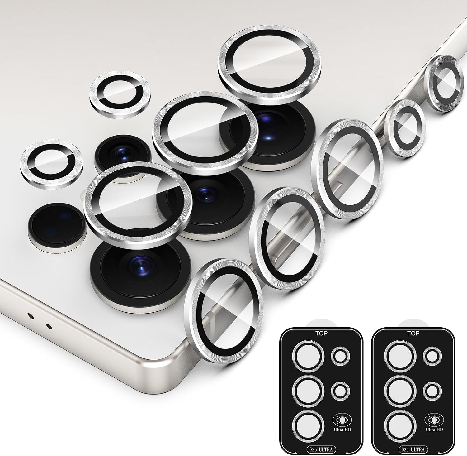 Simpeak 2Pack Camera Lens Protector Compatible with Samsung Galaxy S25 Ultra 2025, Individual 9H Tempered Glass Camera Metal Case for S25 Ultra [Installation Tray] Silver