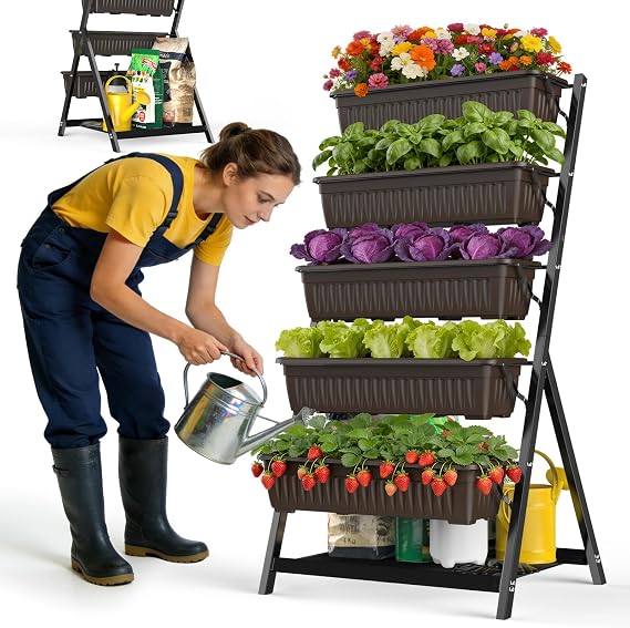 5-Tier Vertical Garden Bed Planter Boxes with Drainage System & Storage Space, Freestanding Vertical Garden Planter with 5 S-Hooks for Plants Vegetables Flowers Herbs in Garden Patio Yard