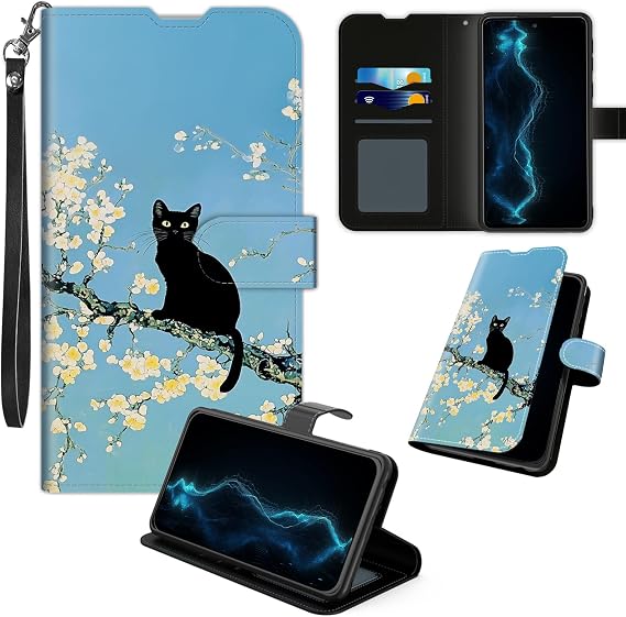 Wallet Case for Motorola Moto G 5G 2025, Durable PU Leather Flip Cover with Card Slots, Kickstand, Wrist Strap, Shockproof Protective Phone Case for Moto G 5G 2025 6.7", Apricot Blossom Black Cat