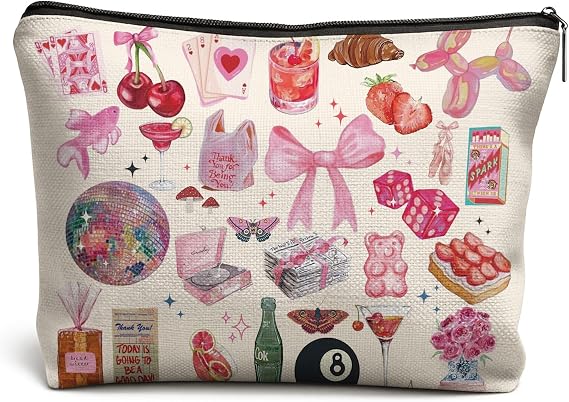 Cute Coquette Makeup Bag, Y2K Pink Cherry Bow Disco Ball Strawberry Cosmetic Bag for Women Teen Girls, Preppy Girly Aesthetic Toiletry Makeup Zipper Pouch