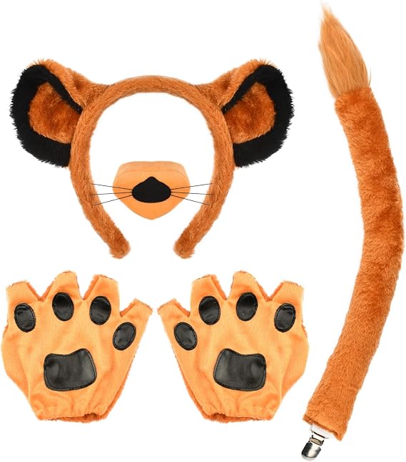 Lion Costume Accessory Set with Ears Headband, Nose, Paw Gloves, Clip-On Tail, Orange and Black