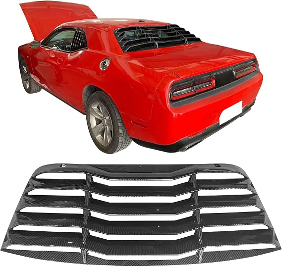 IKON MOTORSPORTS, Window Louver Compatible With 2008-2023 Dodge Challenger, Rear Window Louver Windshield Sun Shade Cover V2 Style Carbon Fiber Print, 2012 2013 2014 2015 2016 2017 2018 2019 2020 2021