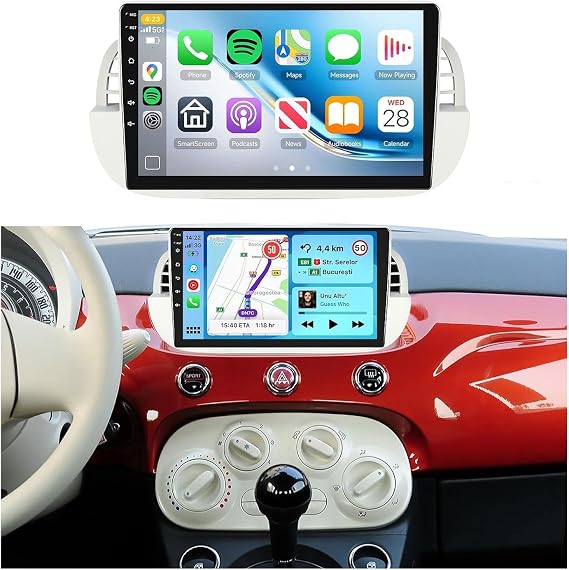 Android 15 Radio for Fiat 500 2007-2015 Car Stereo with Wireless Carplay Android Auto 5.0 Bluetooth 32EQ 9inch 1280x720P IPS Touch Screen FM/RDS GPS WiFi HD Backup Camera,White