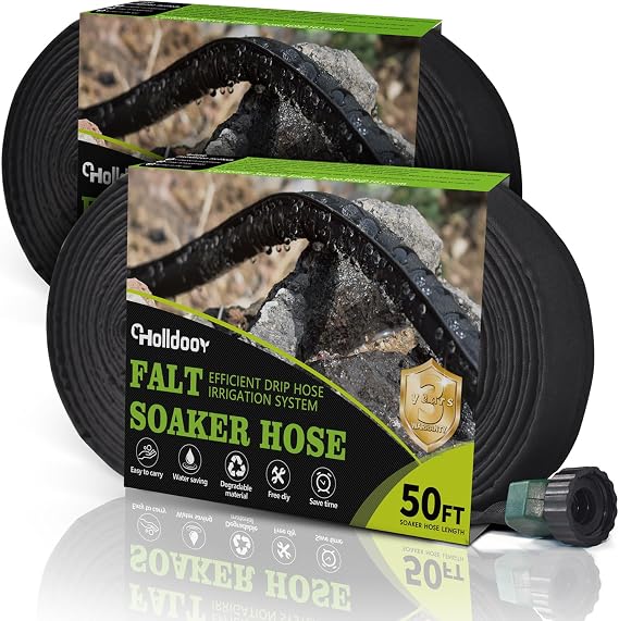 Flat Soaker Hose 100 ft for Garden Beds (50ft 2Pack), Soaker Hose for Foundation Watering, Drip Irrigation Hoses 100 ft for Soaking, Double Layer Lightweight Sprinkler Watering Hose (50 ftx2)