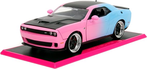 Jada Pink Slips 1:24 W5 2015 Dodge Challenger SRT Hellcat Die-Cast Car w/Base, Toys for Kids and Adults(Pink/Blue Gradient)