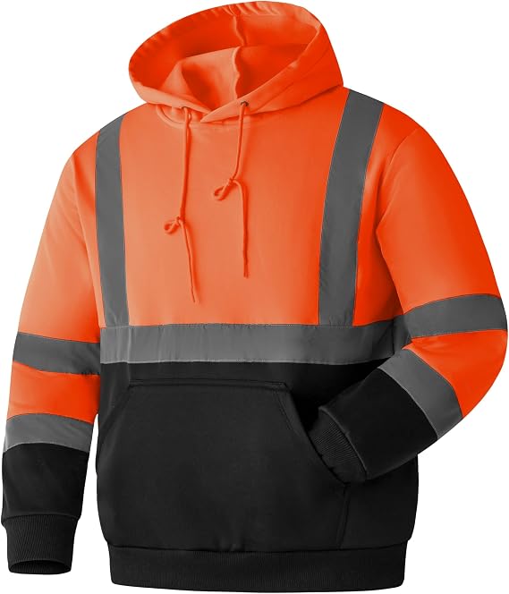 Ubon Hi Vis Hoodie for Men, Reflective Safety Pullover Sweatshirt | High Visibility Workwear with 2-Inch Striping, Kangaroo Pocket, Elastic Cuffs, Black Bottom for Construction Crews