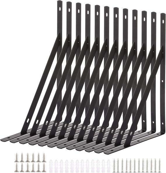 Set of 12 Black Shelf Brackets Heavy Duty 300mm, 12in Triangle Shelving Brackets, Steel Shelf Bracket, Right Angle Wall Bracket for Shelves, Scaffold Board Floating Shelf Support