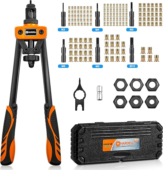 HARDELL Rivet Nut Tool Kit, 14" Rivnut Tool Kit with 164 PCS Rivet Nuts, 6 Metric & Inch Mandrels M3 M4 M5 M6 M8 M10, M8, M10, 1/4-20, 5/16-18, 3/8-16 and Rugged Carrying Case