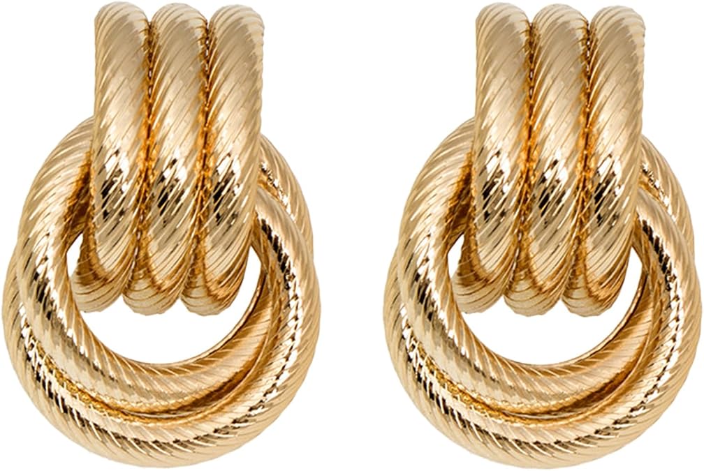 Elegant Chunky Gold Knot Earrings,Vintage Geometric Dangle Drop Earrings,Fashion Circular Hoop Twisted Link Statement Earring for Women,Daily Wear and Special Occasions