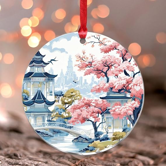 Christmas Ornaments 2023 Chinoiserie Asian Pagoda White Coral Blue Acrylic Christmas Tree Ornament Asian Scenic Birds Pagoda Pendant Chinoiserie Flower Bird Animal Keepsake Tree Decoration Name Tag