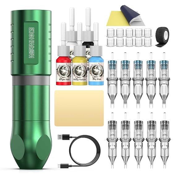 Wormhole Tattoo Kit, Wireless Tattoo machine with 2100mAh Tattoo battery power supply, Wireless Tattoo Pen Kit 5pcs Colorful Tattoo Ink 10pcs Cartridge Tattoo Needles TK505