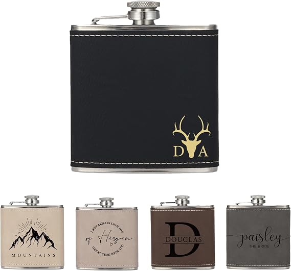 Personalized Flask for Men,Custom Hip Flask for Liquor Soft Touch Leather with Name, Steel Stainless - 6Oz Flaskap for Wedding, Climbing, Barbecue,Fishing-Black