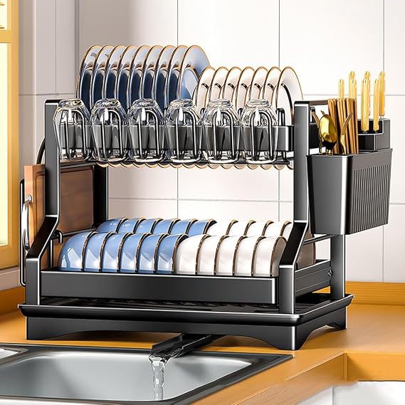 Dish Drainer Rack, 2 Tier Dish Drainer Basket, Large Capacity, Drying Rack, Dish Stand, Shocks Basket, Kitchen, Knife Stand, Chopsticks Holder, Drying Food, Draining Natural Drying, Cupboard, Dish Rack, Easy Assembly, Space Saving Black, 2 Tiers