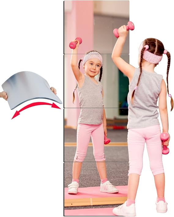 Unbreakable Acrylic Full Length Mirror for Wall Mounted, Full Body Mirror for Kids, Plastic Safe Shatterproof, Extra Thick 1/8,12 x 12 inch x 4pcs, Workout Mirrors for Home Gym, Bedroom Over The Door
