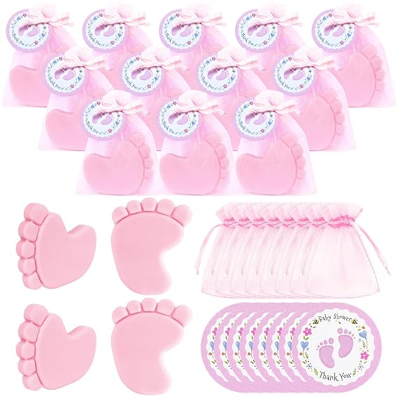 50 Sets Baby Shower Favors Refreshing Feet Soap Perfect for Guests Gifts with Organza Bags Thanks Cards Birthday Party Decoration Game Prizes(pink)