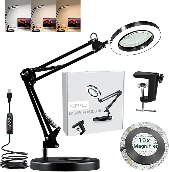 Magnifying Glass with Light and Stand, 10X Magnifying Lamp, 2-in-1 Magnifying Desk Lamp with Clamp, 3 Color Mode, Magnifying Glasses with Light for Close Work (Base & Clamp)