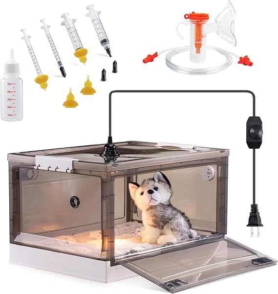 Pet Oxygen Chamber, Puppy Incubator for Newborn Puppy and Kitten, Nebulized Oxygen Critical Care Unit for Dog and Cat, with Kitten Bottle Feeding Kit and Pet Warming Lamp, Thermometer and Cotton Pad