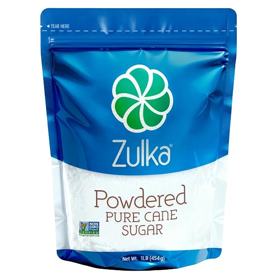 Zulka Powdered Pure Cane Sugar, 1 lb Resealable Bag Non-GMO, Certified Vegan, Bone Char Free Confectioners Sugar for Baking, Frosting, and Glazes