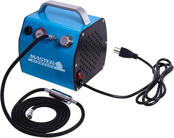 Master Airbrush TC-77 Airbrush Compressor with Small Tank, Regulator, Mini In-Line Moisture Filter & 6' Braided Hose - 47 dB, High Performance Air Compressor for Airbrush Hobbies and Crafts