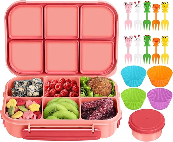 Amathley Lunch Box Kids Girls Boys,Bento Box Adult,Toddler Lunch Containers for School,Leakproof Snack Containers with 6 Compartments,Sauce Container,10 Food Picks and 4 Muffin Cups (Pink)