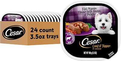 Cesar Loaf & Topper in Sauce Wet Dog Food, Filet Mignon Flavor with Bacon & Potato, Wet Food for Dogs, 3.5 oz Easy Peel Trays, 24 Count