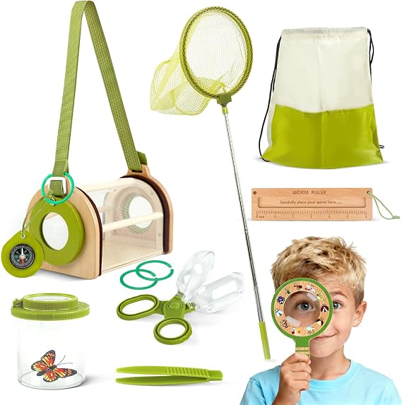 Wooden Bug Catcher Kit for Kids, Bug Catching & Insect Explorer Set | Includes Butterfly Net, Magnifier & Critter Container. STEM Learning Adventure Toy, Camping Gift for Boys Ages 3-12