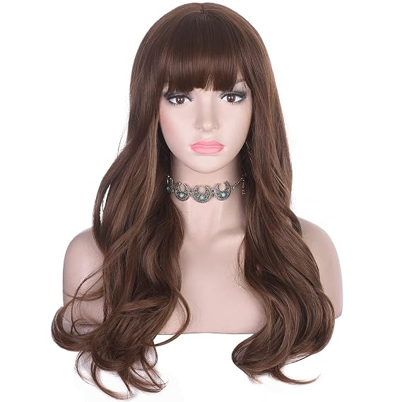 morvally Long Wavy Wig with Bangs for Women Heat Resistant Synthetic Hair Natural Looking for Daily Use (Light Brown)