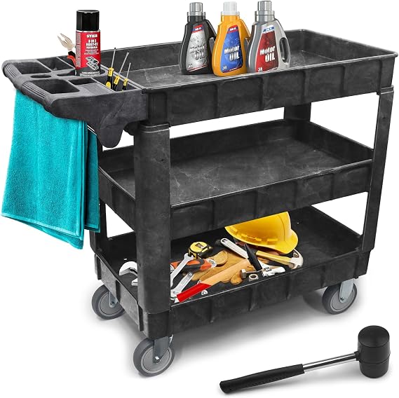 3-Tier Utility Trolley with Wheels, 250 kg Capacity | 41 × 17 × 34 in with removable middle shelf, organiser handle, 2 fixed wheels and 2 swivel castors.