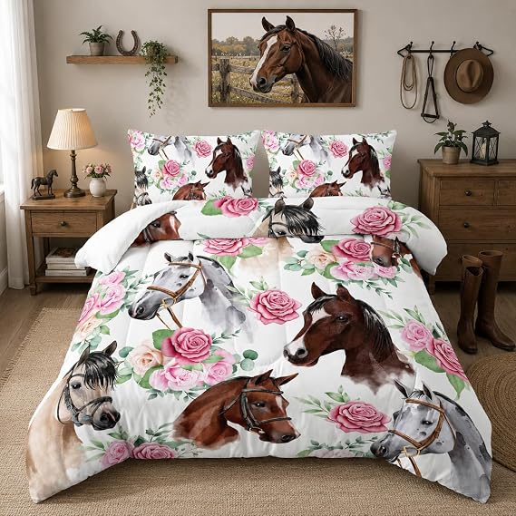 Nttopship Horse and Flower Comforter Set for Girls Kids Horse and Floral 3 Piece Bedding Set Twin Floral Lightweight Comforter Down Alternative with 2 Pillowcases All Seasons