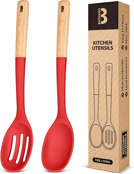 Silicone Cooking Spoons, Great for Scooping Sides and Serving Hearty Stews, BPA-Free Matte Silicone, Wooden Handle Serving Spoon for Nonstick Cooking Surfaces Red