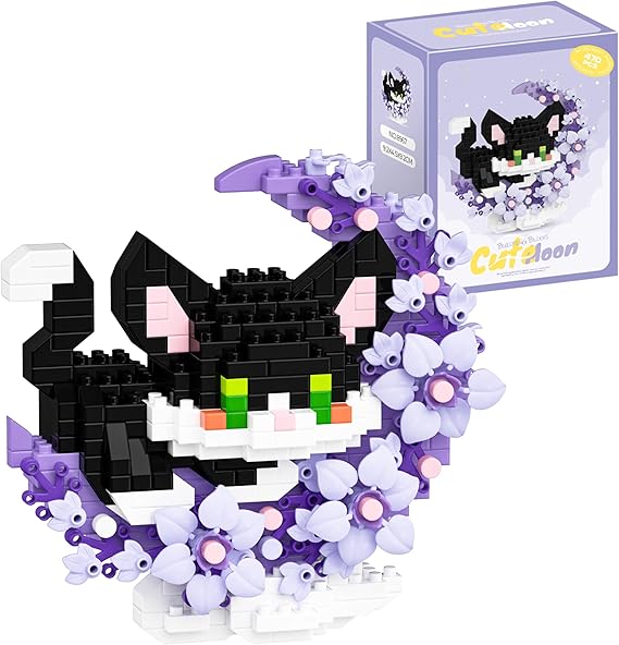 QISHOUTING Tuxedo Cat Mini Building Blocks with Flowers, Moon Flowers Mini Building Set for Boys Girls, Animal Micro Building Kits, Home Office Décor Gift for Adults