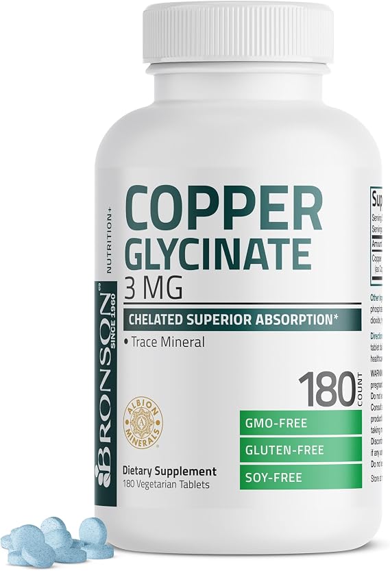 Bronson Copper 3 mg as Albion Bisglycinate Chelate, 180 Vegetarian Tablets