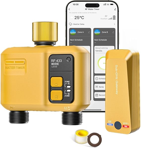 WiFi Water Timer 2 Outlet Garden, Brass Inlet | Smart Sprinkler Hose Timer with 984ft RF Range, APP/Voice Control, Rain Delay, Automatic/Manual Irrigation