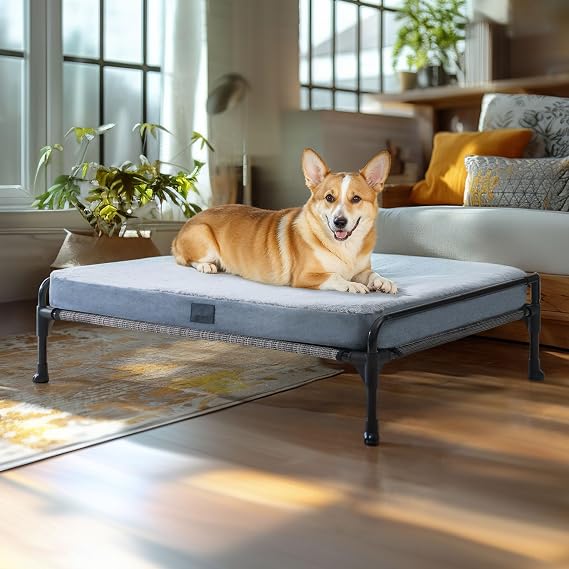 Veehoo Elevated Raised Dog Bed+Removable Dog Bed Mat-Cooling Outdoor Medium Pet Cot Three-Sided Guardrail Raised Pet Cot Elevated Hammock Ded with Bolster-29 x18 Black Silver