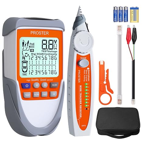 Proster Network Cable Tester with POE Voltage RJ45 Wire Tracker | Cable Finder for RJ45 CAT5 CAT5e CAT6 CAT7 CAT8 LAN Ethernet, LED Flashlight, LCD Display, Storage Bag