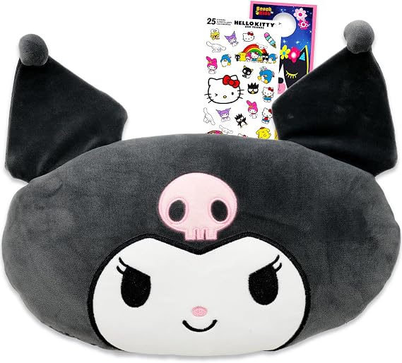 Hello Kitty Kuromi Plush Travel Pillow for Kids - Bundle with 11" x 13" Sanrio Plush Pillow Sham for Kids Bedroom Accessories Plus Stickers, More | Kuromi Travel Accessories Set