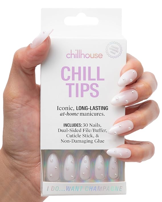 Chillhouse - Chill Tips, Press on Nails Kit - I Do Want Champagne (Almond) - 30 Nail Shapes & Sizes - Up to 2 Weeks of Wear - Customizable - Reusable - Latina Founded, Women Owned - Beauty, Self Care