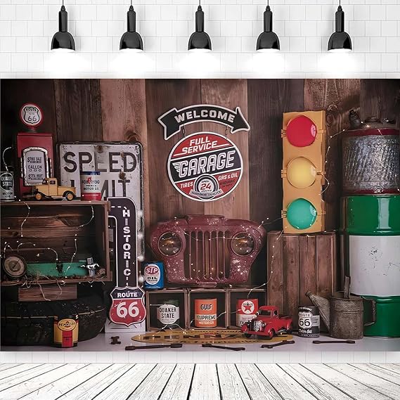 No. 66 Car Repair Warehouse Photography Backgrounds Car Mechanic Signal Light Boy 1 Year Old Birthday Cake Smash Decoration Background Route 66 Gas Station Photo Studio Backdrop Vinyl,6x4feet