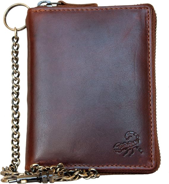 FLW Glazed Large Genuine Leather Zip-Around Wallet with Scorpion and Chain