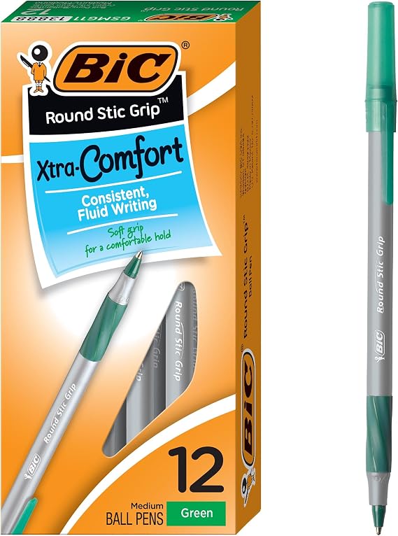 BIC Round Stic GripTM Xtra-Comfort Medium Ball Point Pen; Green; 12 Pack