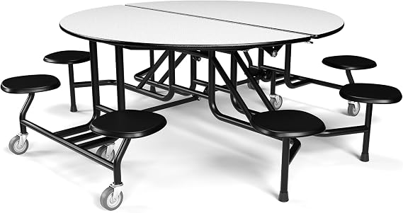 Palmer Hamilton 60" Round Mobile Cafeteria Table with 8 Stools, Made in USA | Seats 8 at a 60-inch round table with attached stools; folds easily and rolls for storage. Ideal for schools and cafeterias