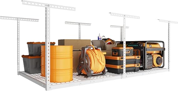4x8ft Overhead Ceiling Garage Storage Rack, 750LBS Capacity, White | 22"-40" Adjustable Organization System, Ceiling Mounted, Heavy-Duty Metal, Rust Protection, Scratch-Resistant Powder Coat