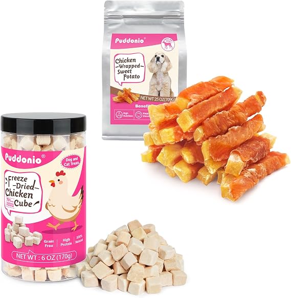 Chicken Freeze Dried Pets Raw Treats 6oz & Chicken Wrapped Sweet Potato Dog Treats 25oz