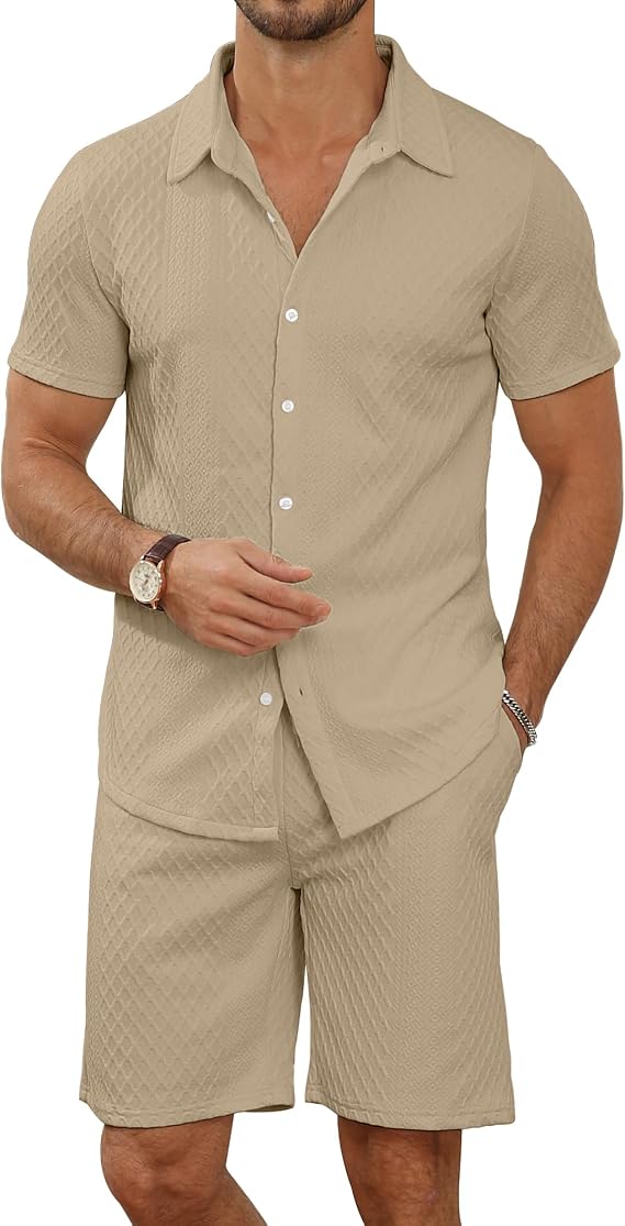 MLANM Men's 2 Piece Loose Button Down Shirt & Shorts Set